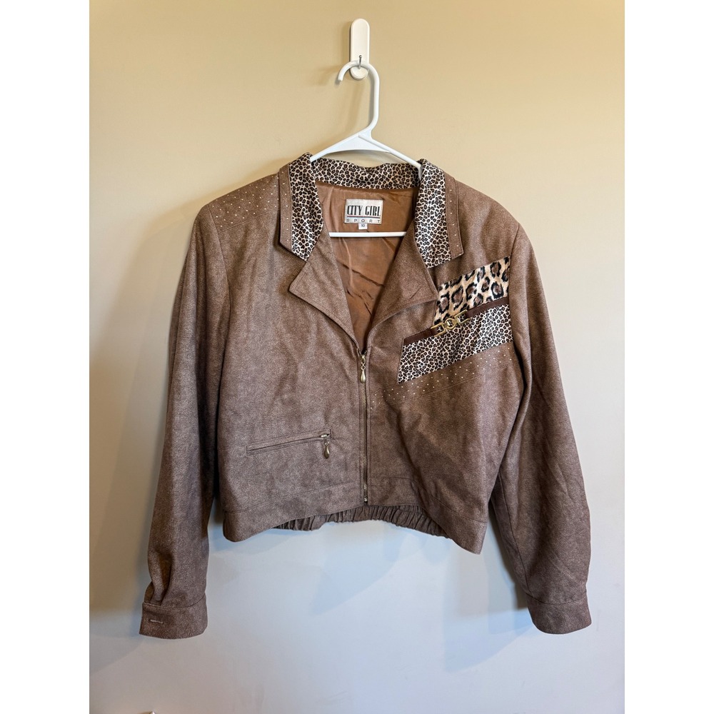 City Girl Sport Women's Brown Faux Leather Cheetah Trim Jacket Size 10